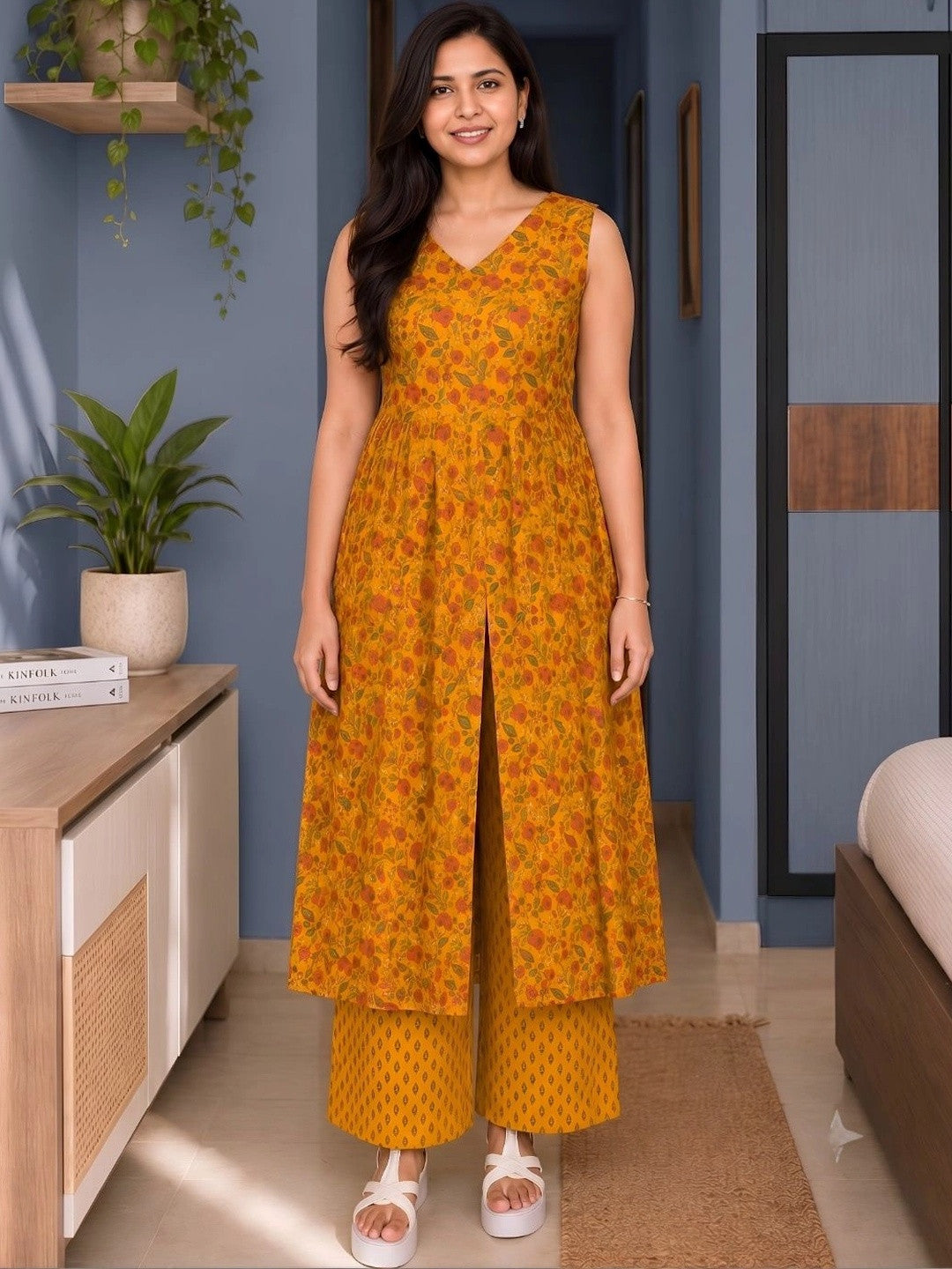 Women Floral Printed Empire Pure Cotton Kurta with Palazzos
