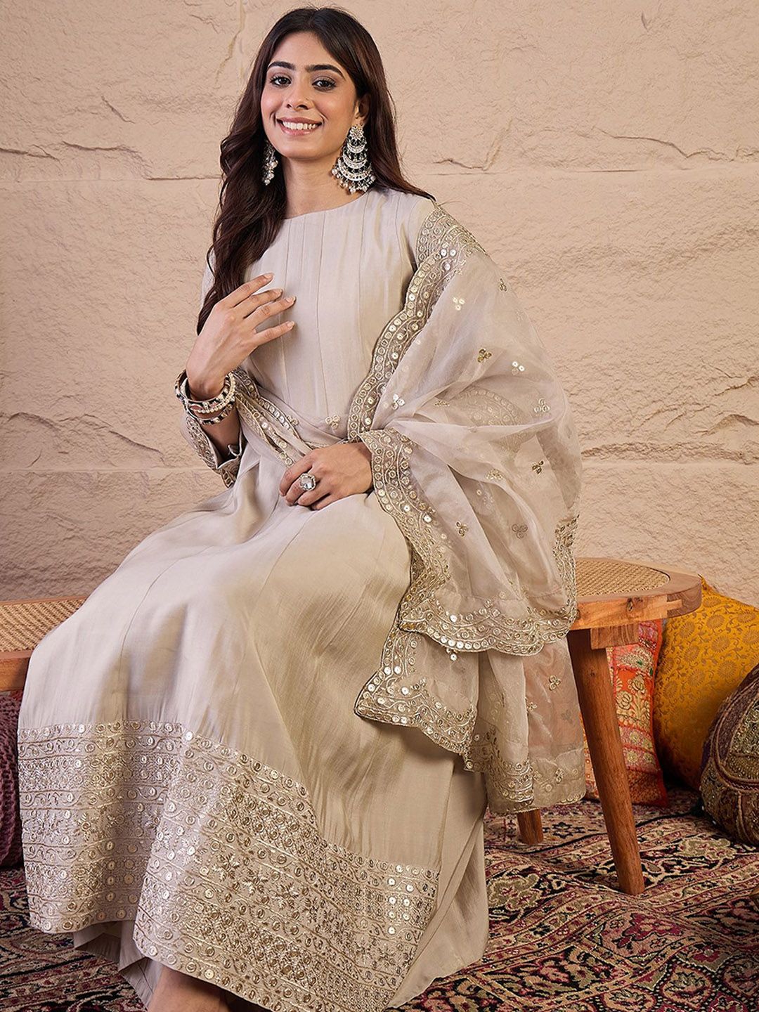 Dhiyona IN Women Floral Self Design Regular Sequinned Kurta with Palazzos & Dupatta