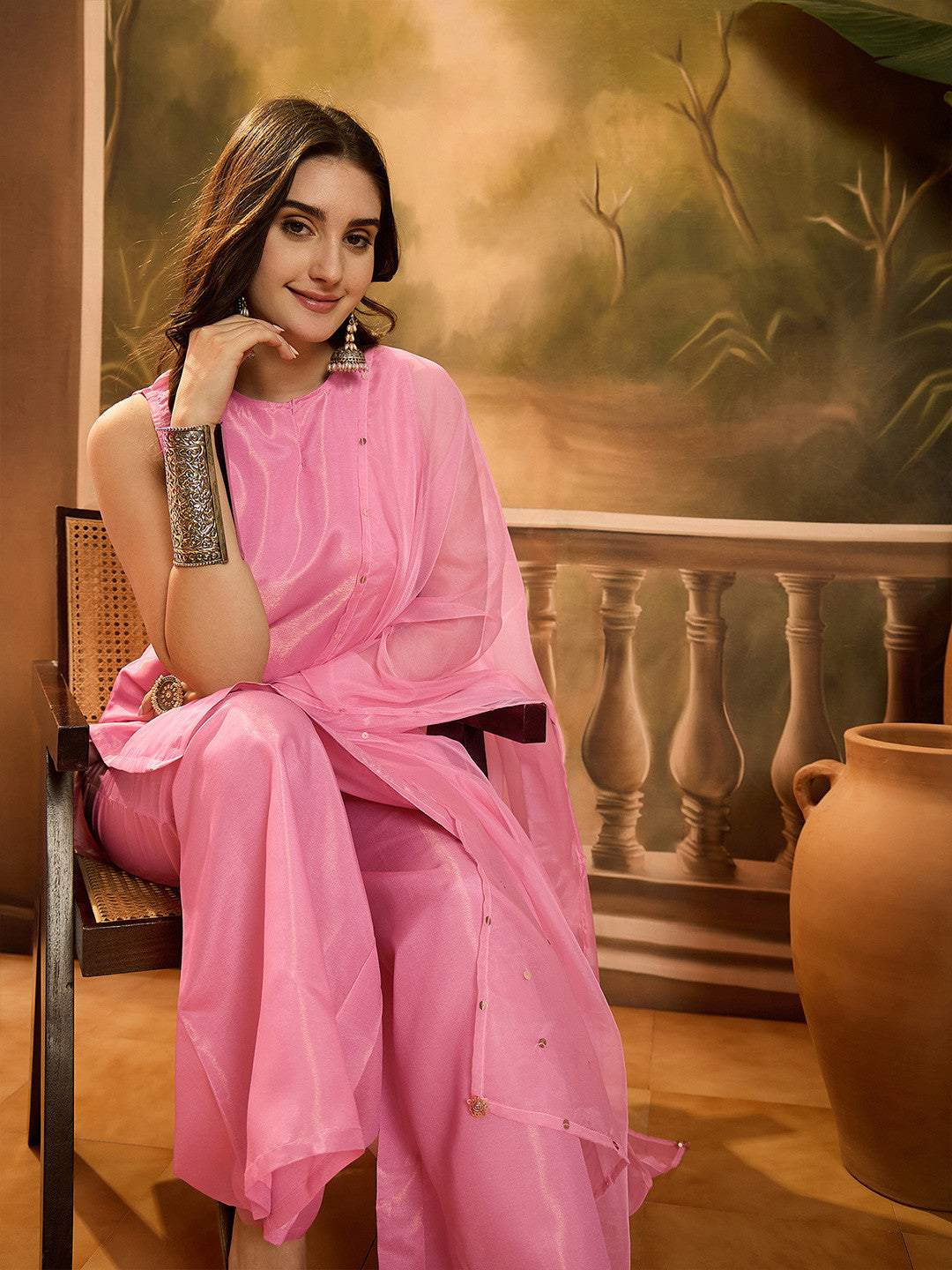 Boat Neck Sleeveless Organza Straight Kurta With Sharara & Dupatta