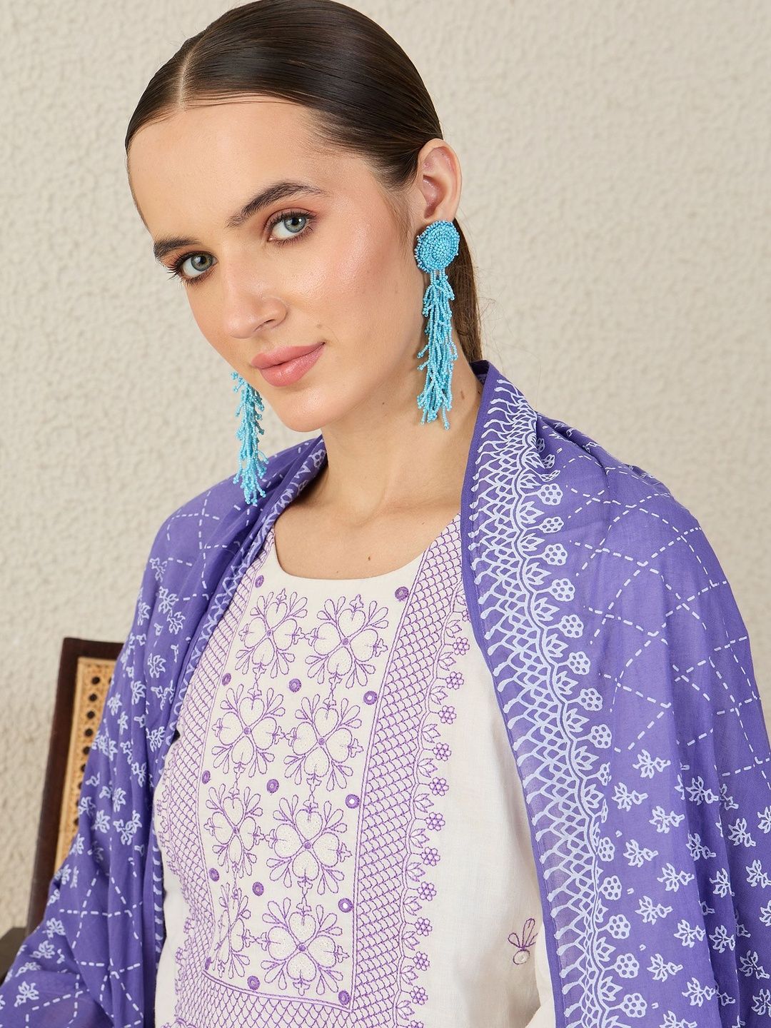 Women Ethnic Motifs Embroidered Regular Thread Work Pure Cotton Kurta with Trousers & With Dupatta