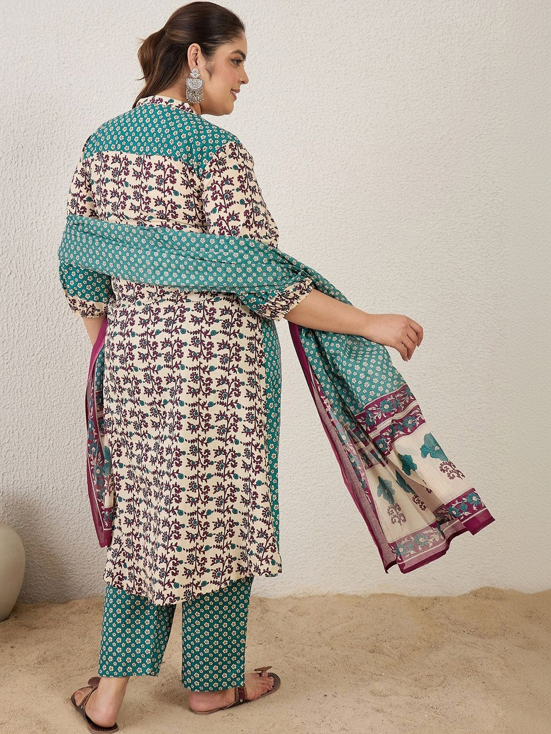 Plus Size Multi Printed A-Line Kurta Trousers With Dupatta Set