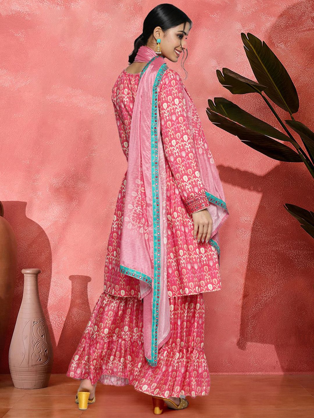 Dhiyona SN Floral Printed Mirror Work Flared Kurta With Sharara And Dupatta