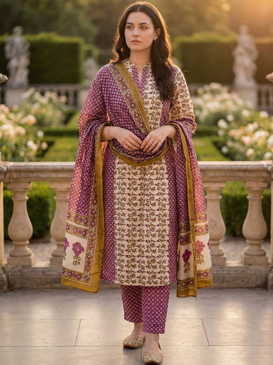 Women Floral Printed Regular Beads and Stones Pure Cotton Kurta with Trousers & With Dupatta