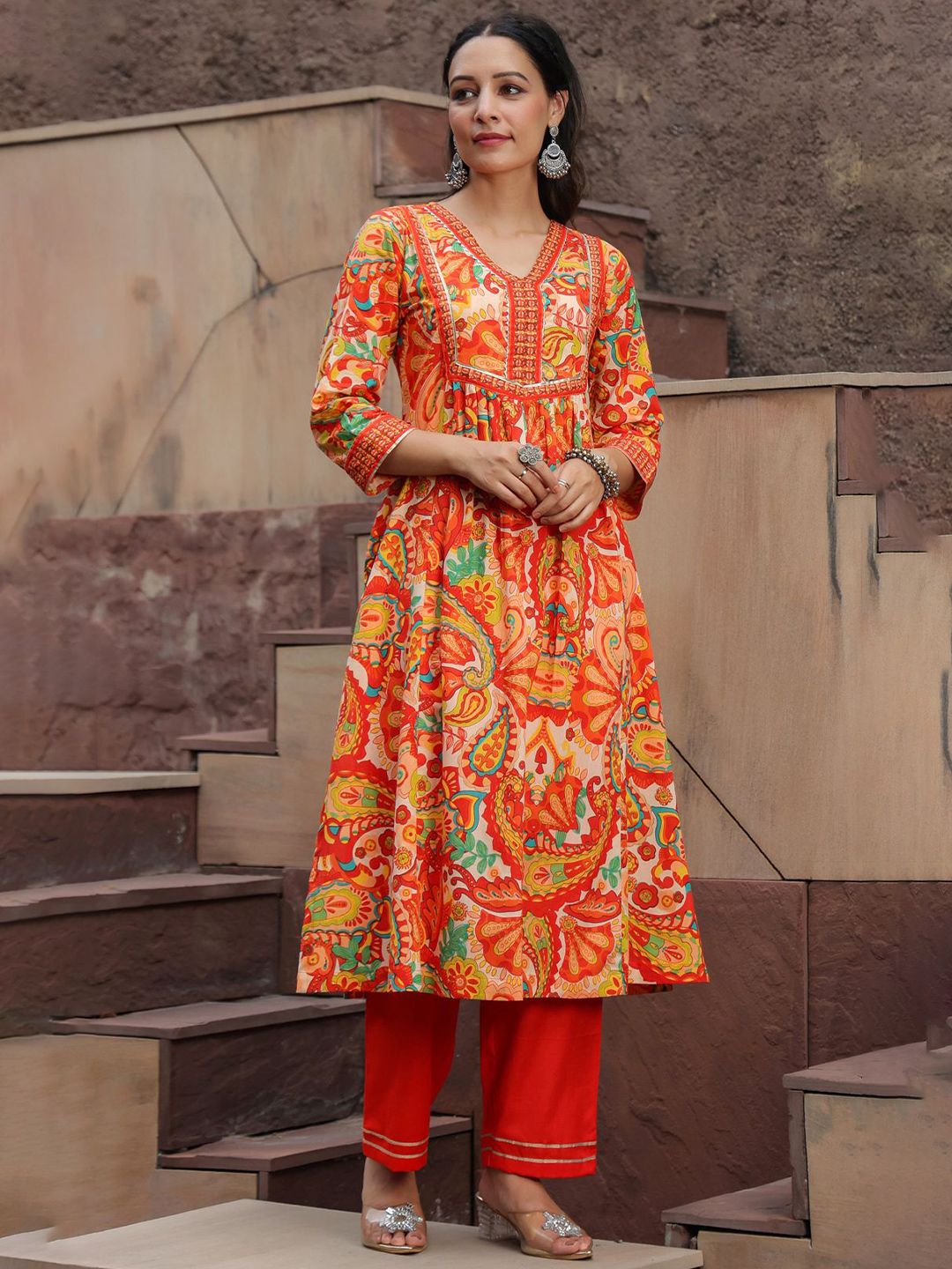 Dhiyona RR Women's Printed Gotta Patti Pure Cotton A-Line Kurta with Trousers & Dupatta