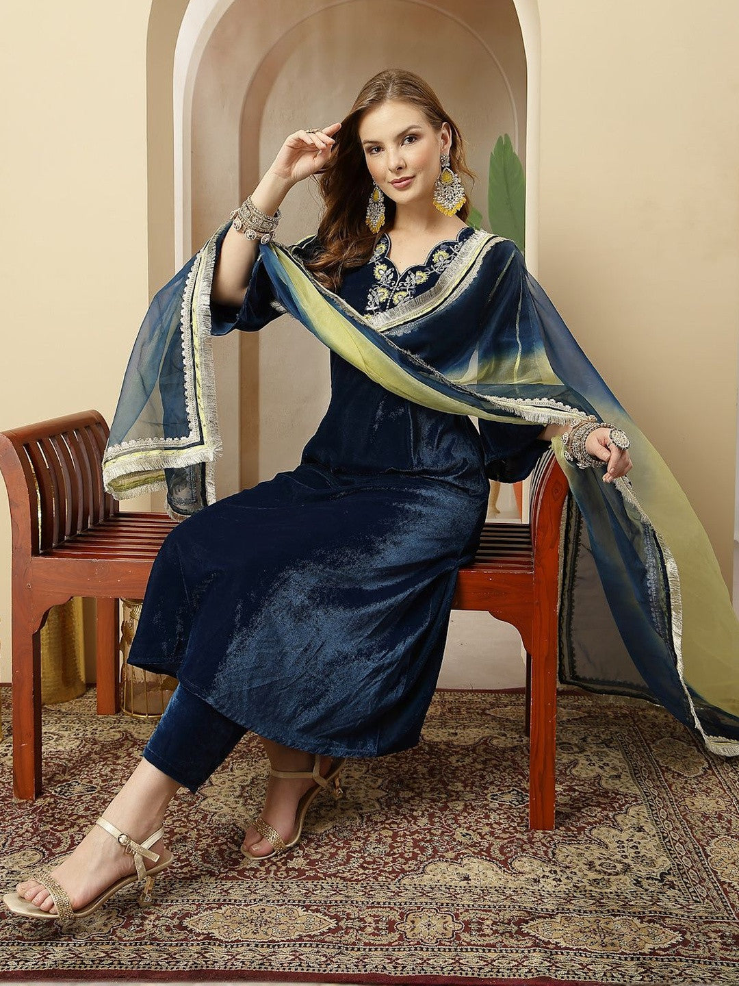 Embroidered A-Line Kurta With Trousers & Dupatta