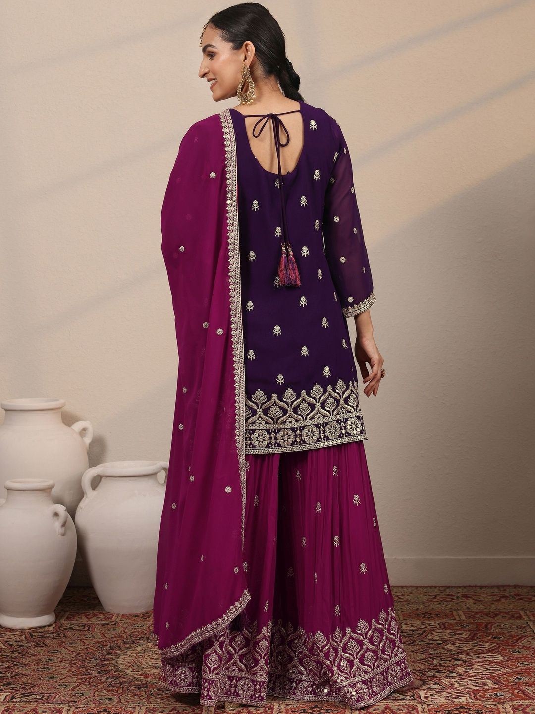 Dhiyona LL Women Ethnic Motifs Embroidered Regular Kurta with Sharara & With Dupatta