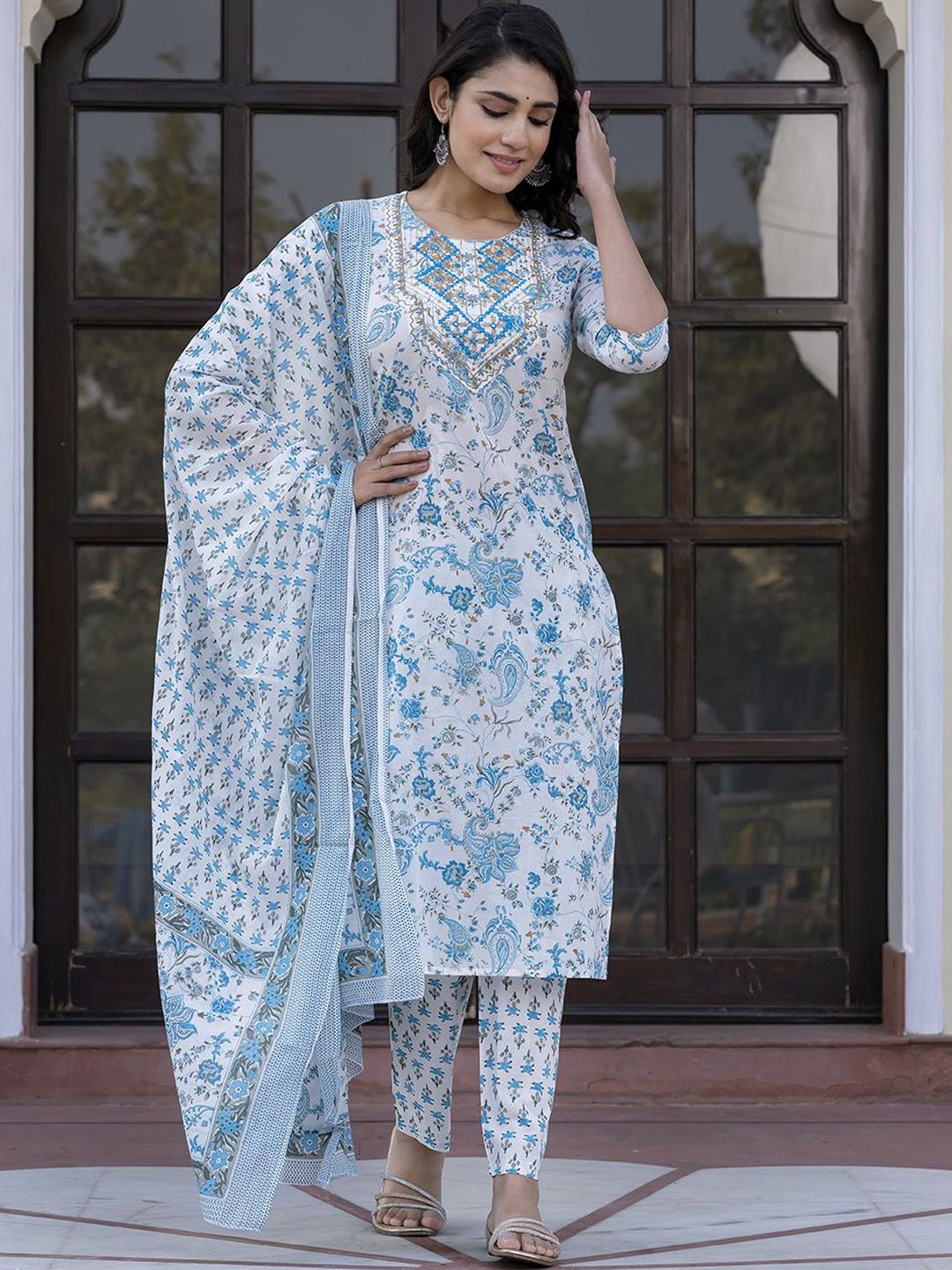Dhiyona KL Paisley Printed Mirror Work Straight Pure Cotton Kurta With Trousers & Dupatta