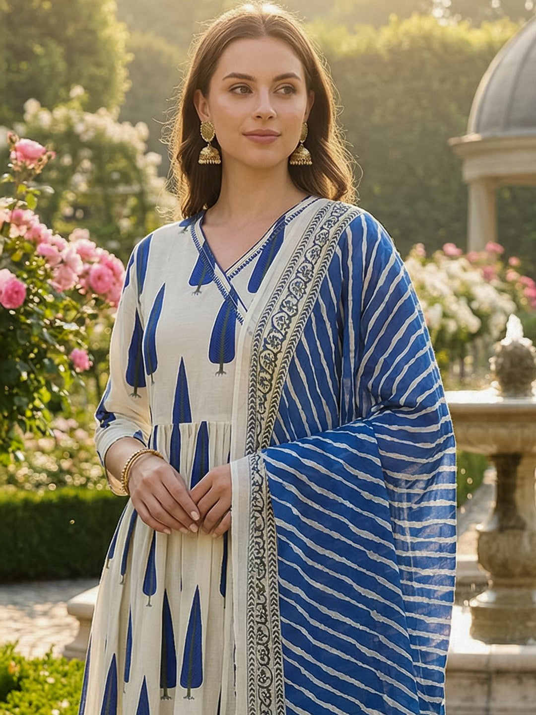 Women Ethnic Motifs Printed Angrakha Pure Cotton Kurta with Trousers & With Dupatta