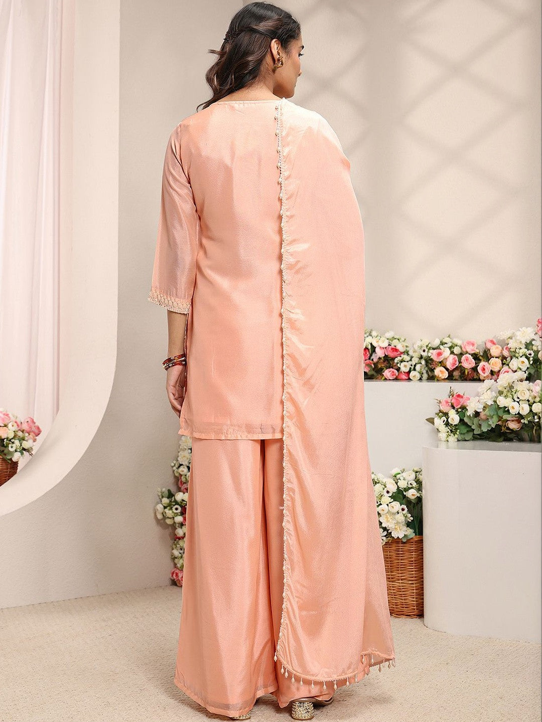 Peach Floral Embellished Chinon Straight Suit Set with Dupatta