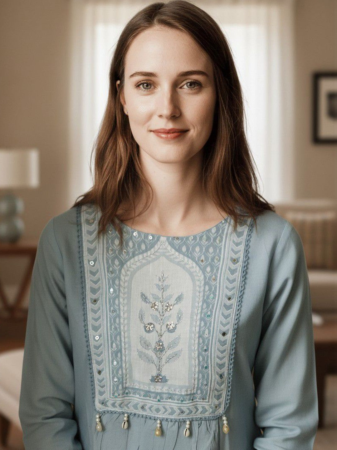 Women Ethnic Motifs Embroidered Empire Mirror Work Pure Cotton Kurta with Trousers & With Dupatta
