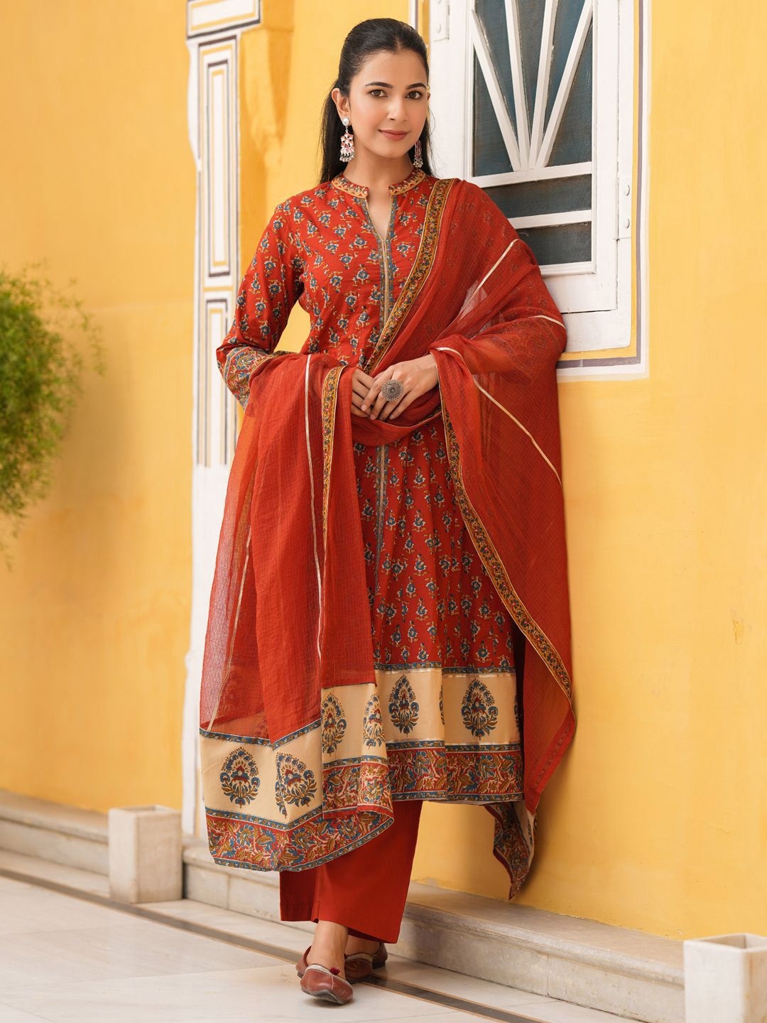 Dhiyona RR Women's Ethnic Motifs Printed Cotton Anarkali Kurta with Trousers & Dupatta