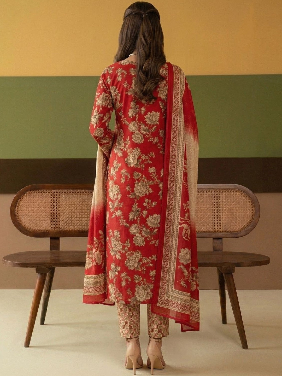 Printed Cotton Round Neck Kurta & Trousers With Dupatta