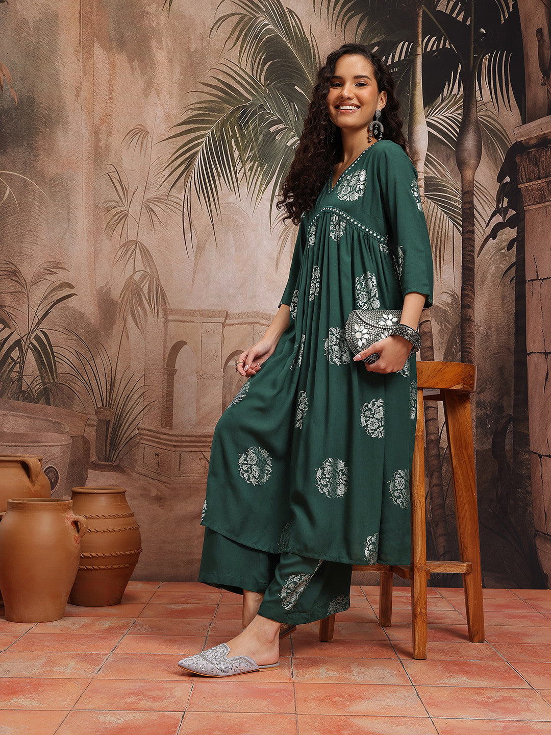 Floral Printed Empire Anarkali Kurta with Trousers