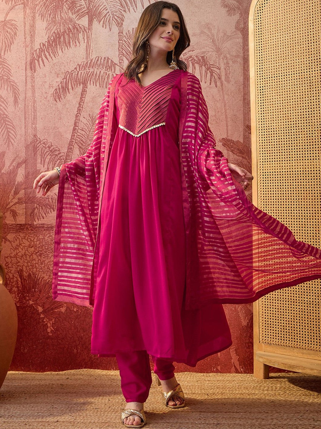 Women Lace Embroidered V-Neck Kurta & Trousers With Dupatta