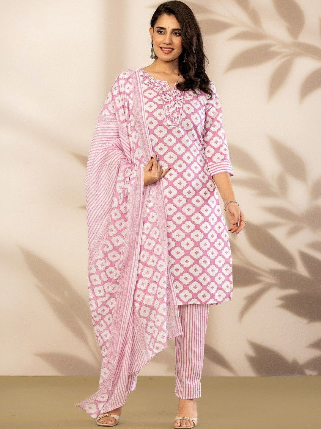 Women Ethnic Motifs Printed Regular Thread Work Pure Cotton Kurta with Trousers & With Dupatta