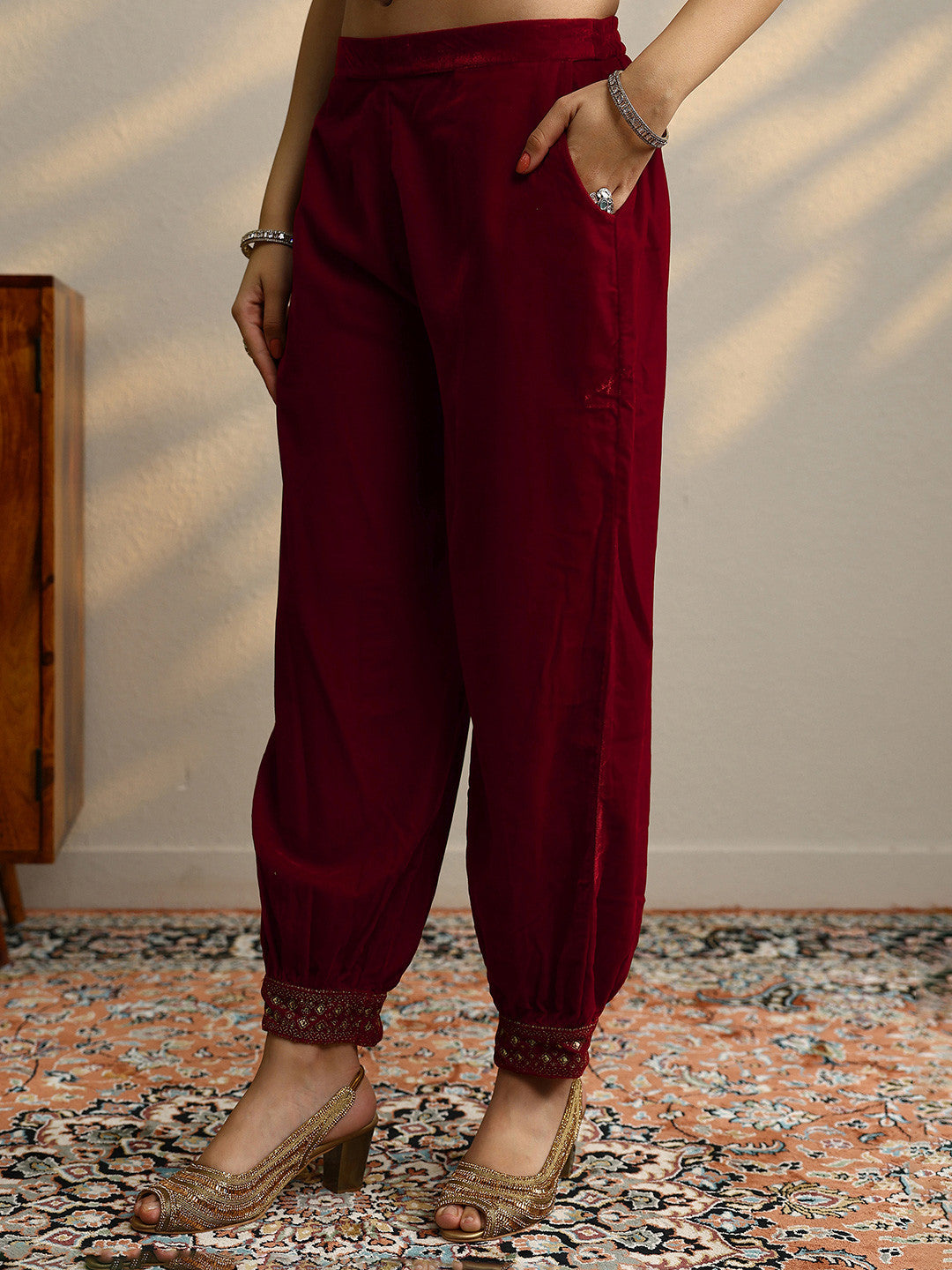 Ethnic Motifs Embroidered Straight Mirror Work Velvet Kurta with Salwar & Dupatta