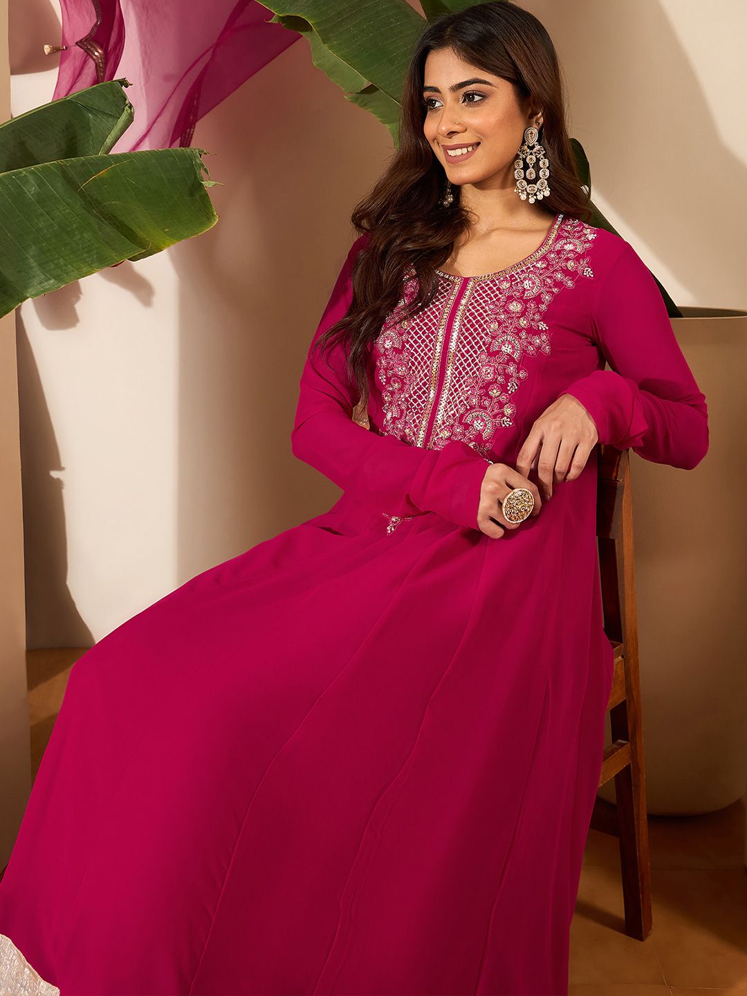 Dhiyona IN Floral Embroidered Anarkali Thread Work Kurta With Palazzos & Dupatta
