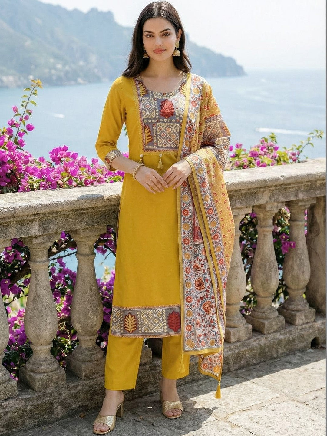 Women Ethnic Motifs Yoke Design Regular Thread Work Kurta with Trousers & With Dupatta