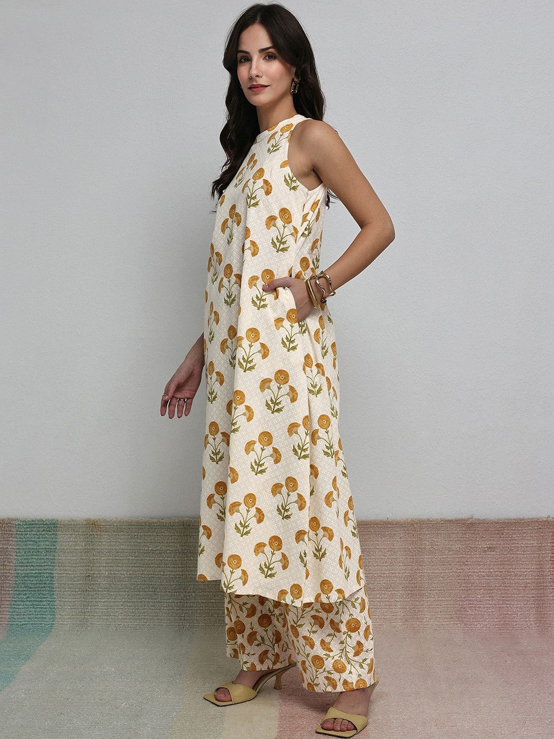 Off White Floral Printed Cotton A-Line Kurta Set