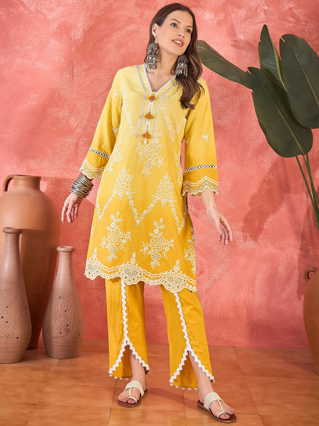 Floral Embroidered Chikankari V-Neck Pure Cotton Straight Fusion Kurta With Trousers