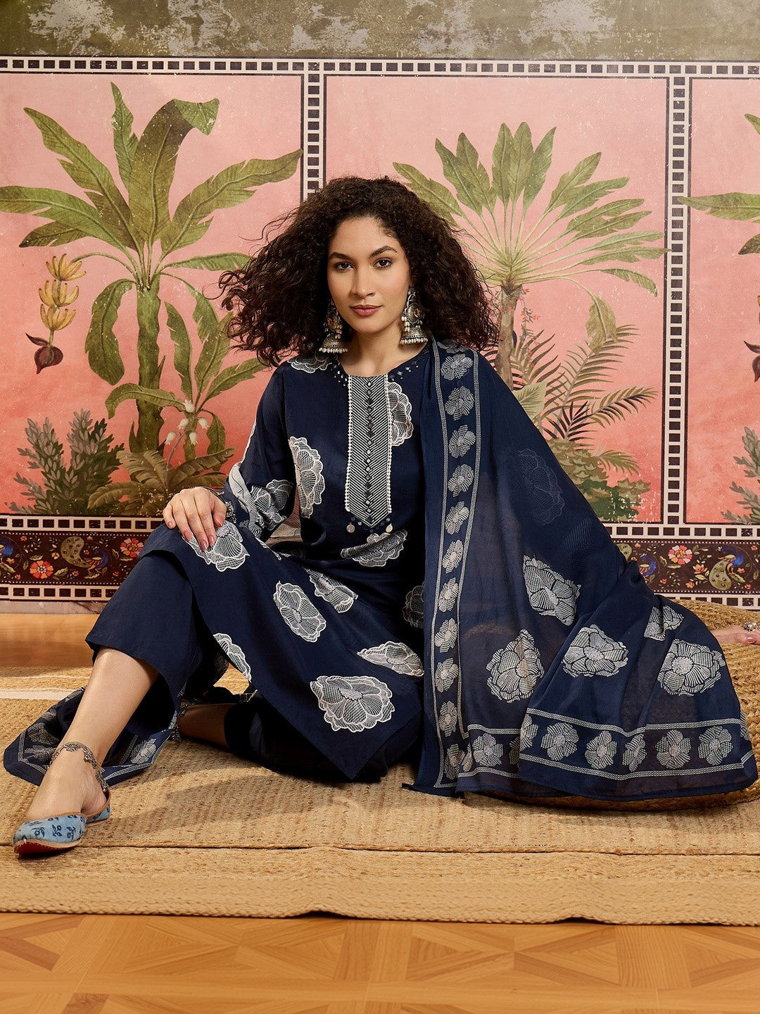 Floral Printed Cotton Round Neck Kurta & Trousers With Dupatta