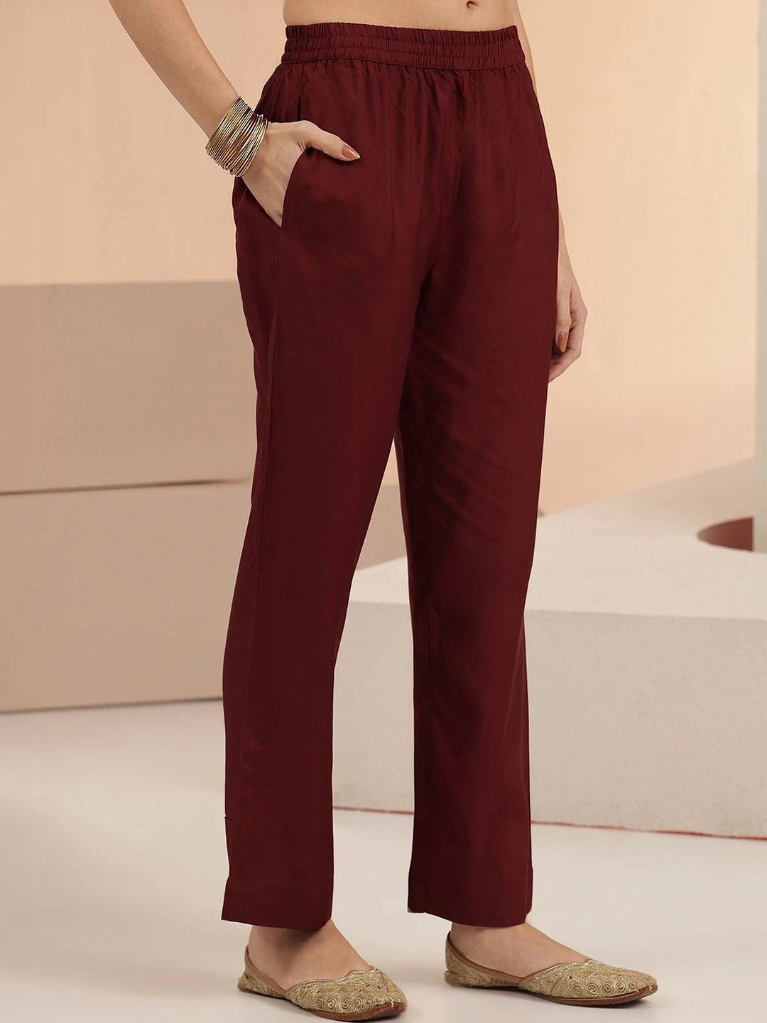 Maroon Floral Woven Design Silk Blend Straight Suit Set