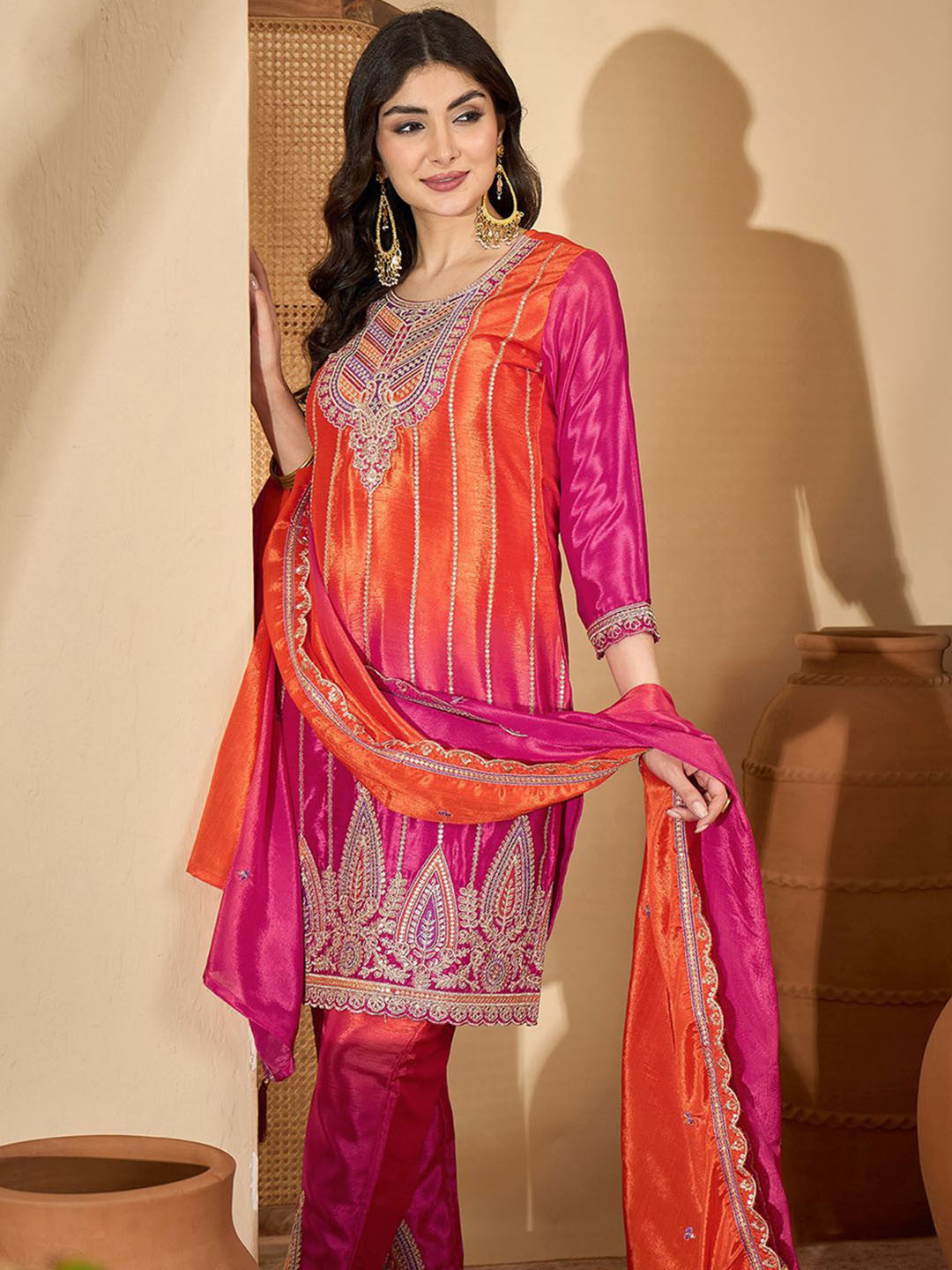 Zari Sequence Embroidered Straight Kurta With Trouser & Dupatta