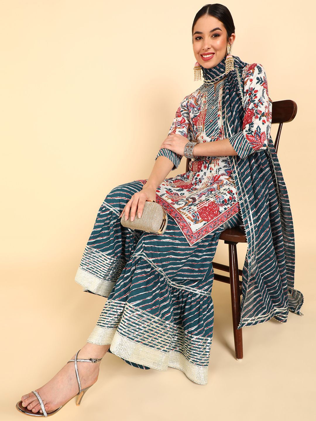 Dhiyona HOP Floral Printed Pure Cotton Straight Kurta Sharara With Dupatta