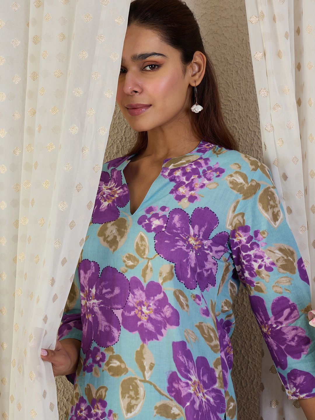 Dhiyona IE Floral Printed Pure Cotton Tunic & Trousers Co-Ord Set