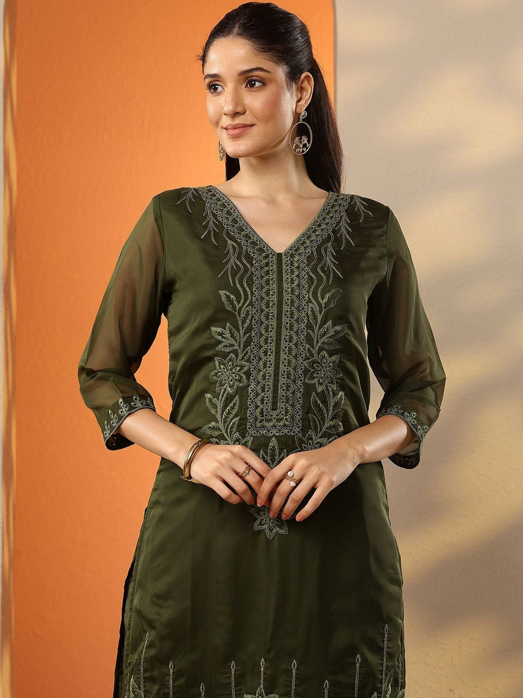 Ethnic Motifs Embroidered V-Neck Three-Quarter Sleeves Kurta With Palazzos & Dupatta