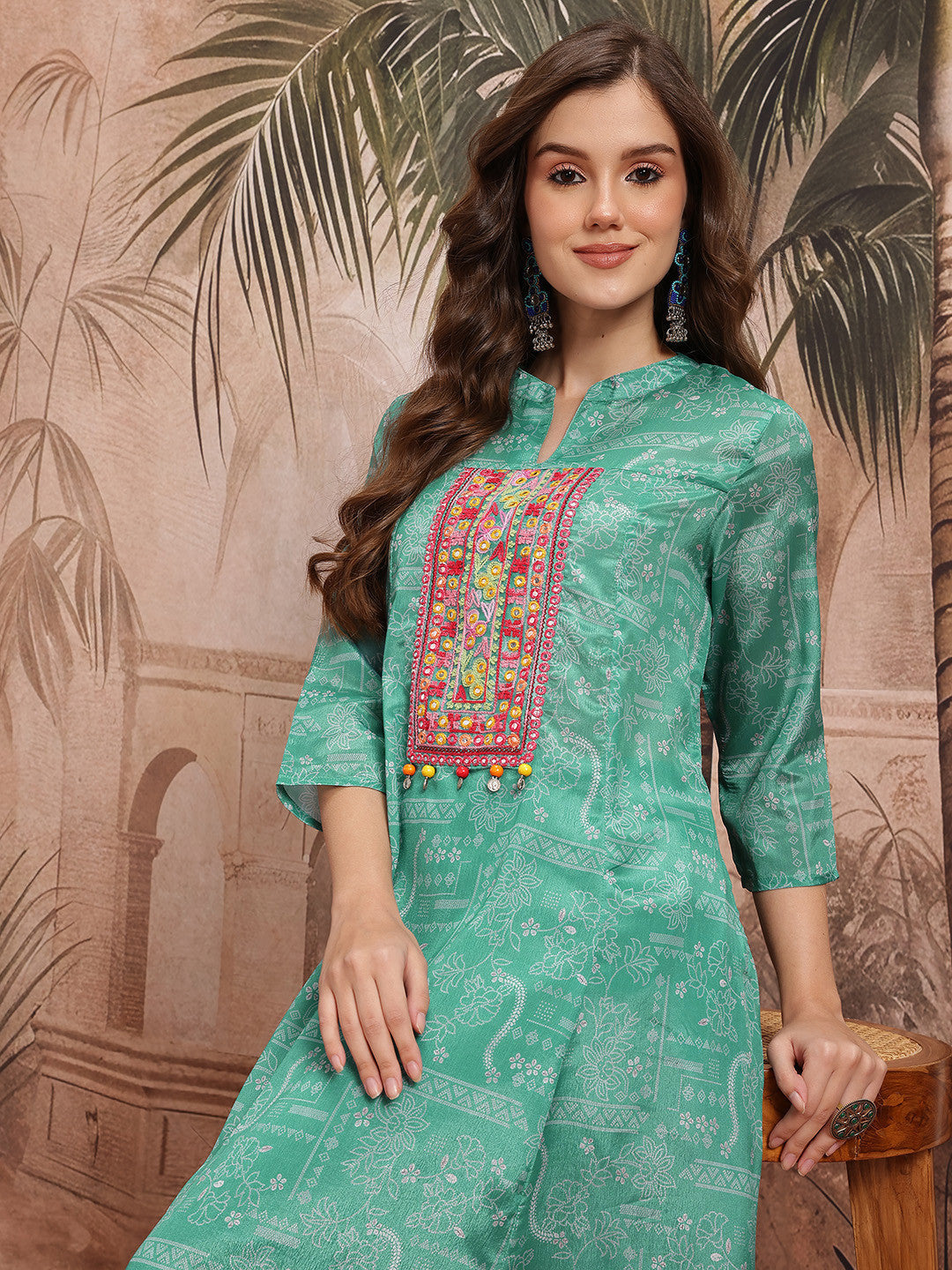 Ethnic Motifs Print Panelled Mirror Work Kurta with Trousers