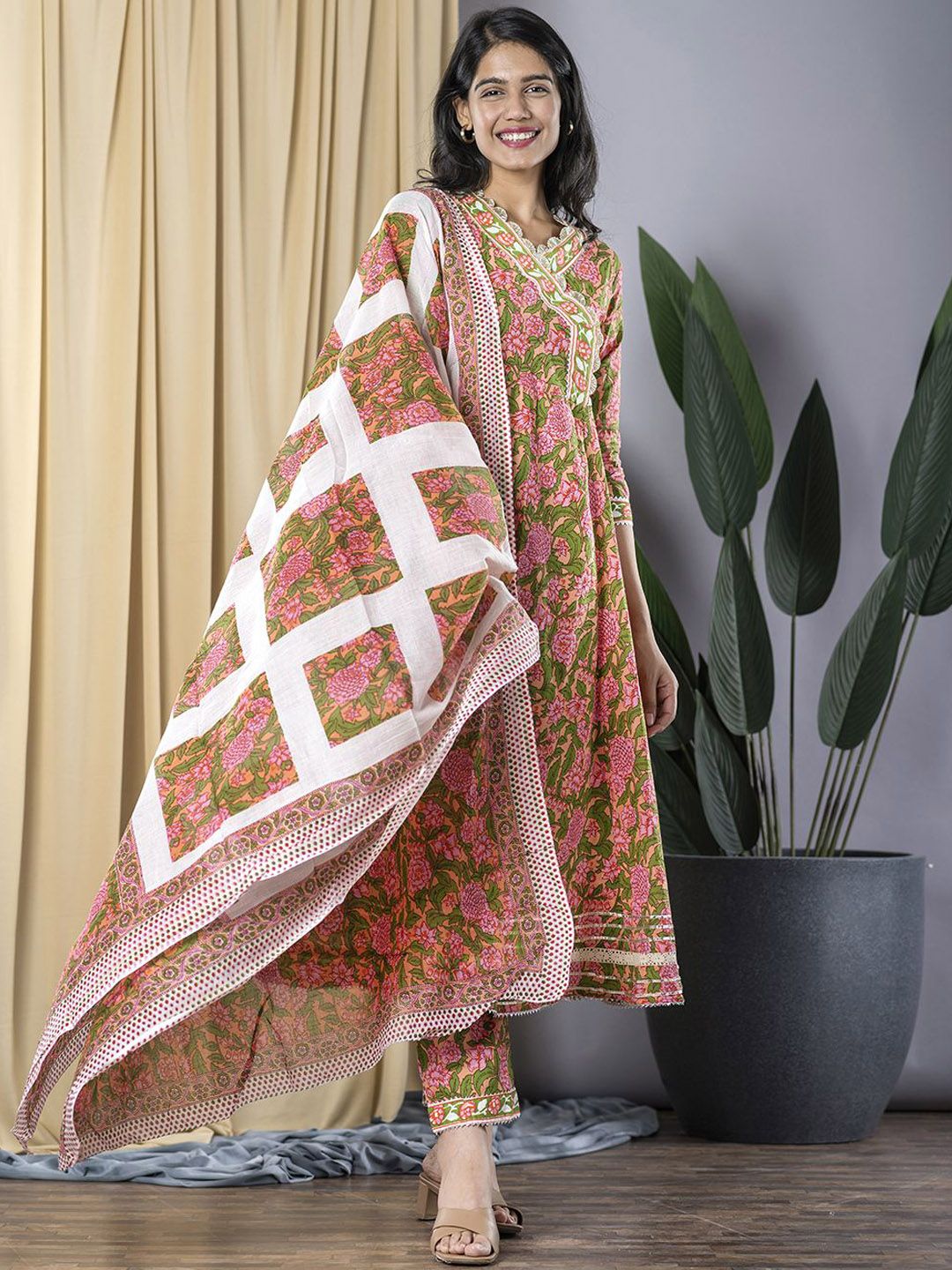 Dhiyona KL Floral Printed V-Neck Gotta Patti Pure Cotton Anarkali Kurta With Trouser & Dupatta