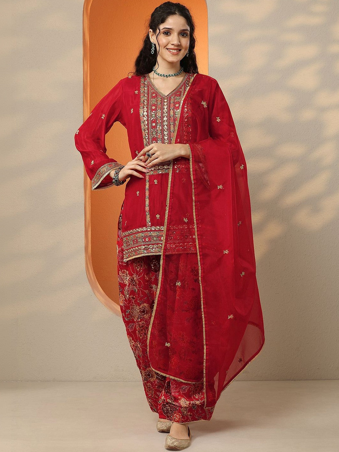 Women Ethnic Motifs Embroidered Regular Sequinned Kurta with Patiala & With Dupatta