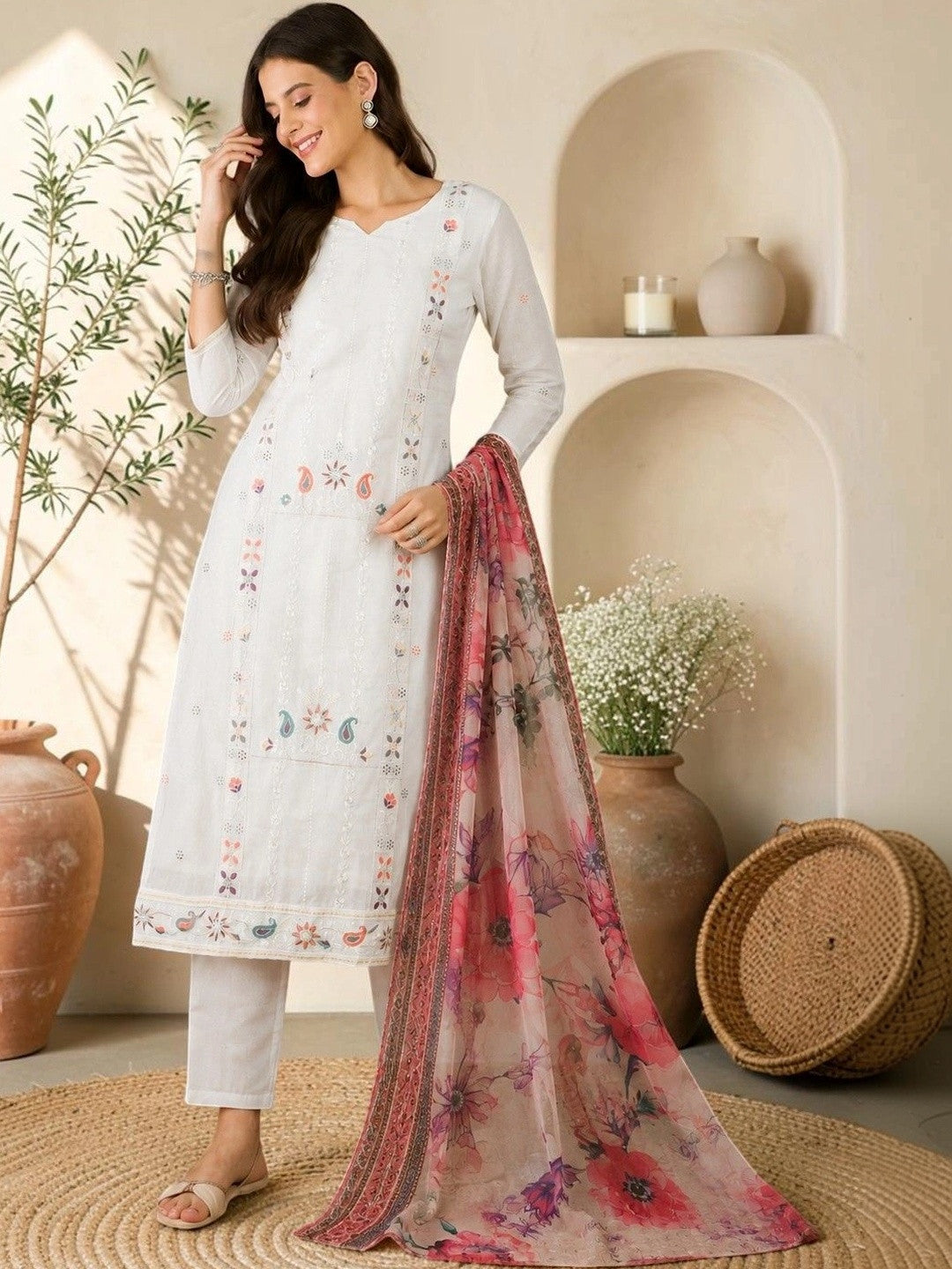 Women Ethnic Motifs Embroidered Regular Thread Work Pure Cotton Kurta with Trousers & With Dupatta