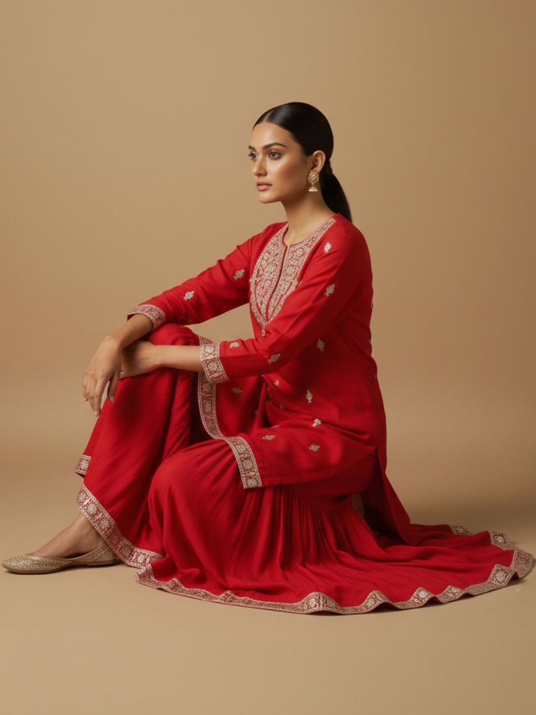 Dhiyona VA Women Ethnic Motifs Embroidered Regular Kurta with Sharara & With Dupatta