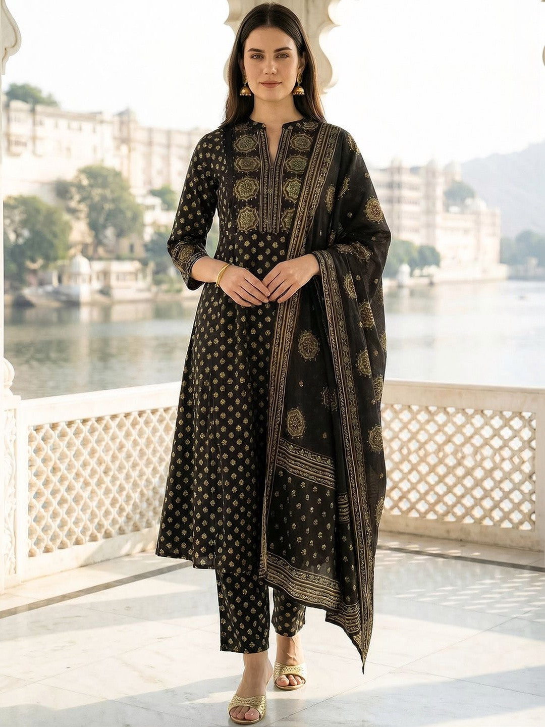 Women Ethnic Motifs Printed Regular Pure Cotton Kurta with Trousers & With Dupatta