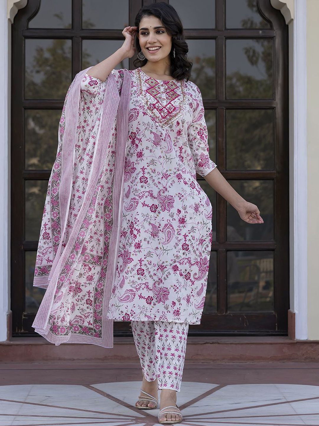 Dhiyona KL Paisley Printed Mirror Work Straight Pure Cotton Kurta With Trousers & Dupatta