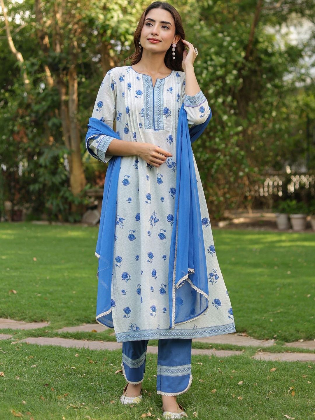 Dhiyona RR Women's Floral Printed Pure Cotton Kurta with Trousers & Dupatta