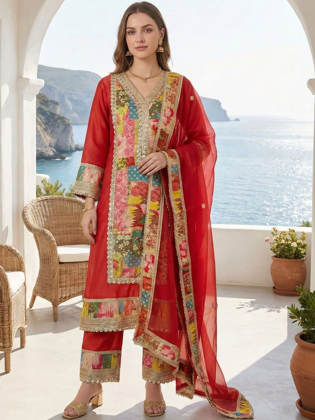 Dhiyona IE Women Floral Printed Regular Gotta Patti Kurta with Palazzos & With Dupatta