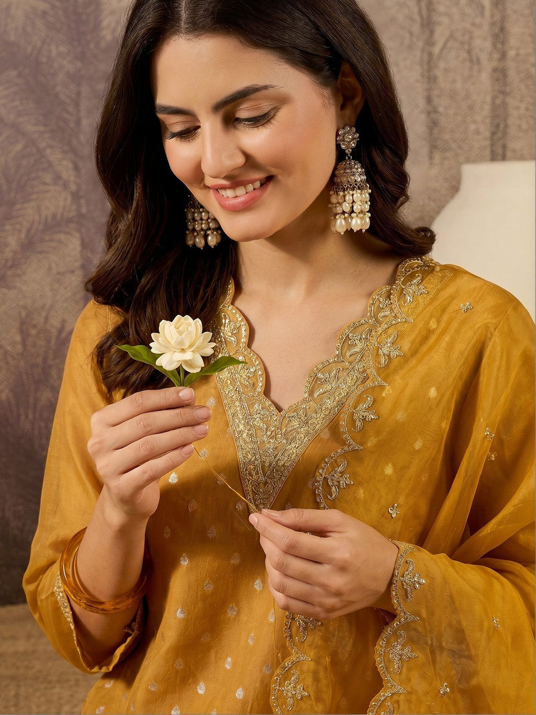 Embroidered Cotton V-Neck Kurta & Trousers With Dupatta