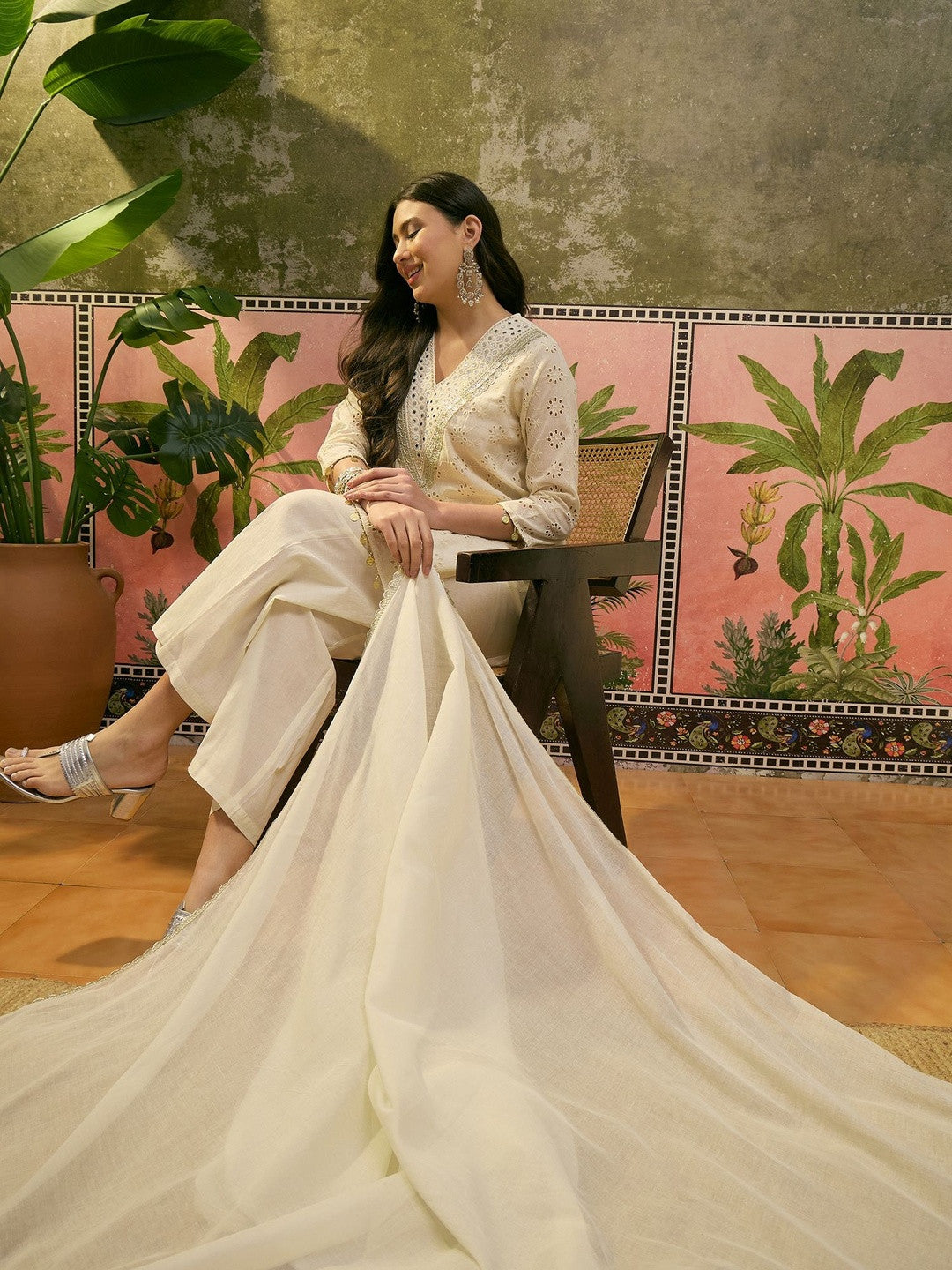 Embroidered Pure Cotton V-Neck Kurta & Trousers With Dupatta