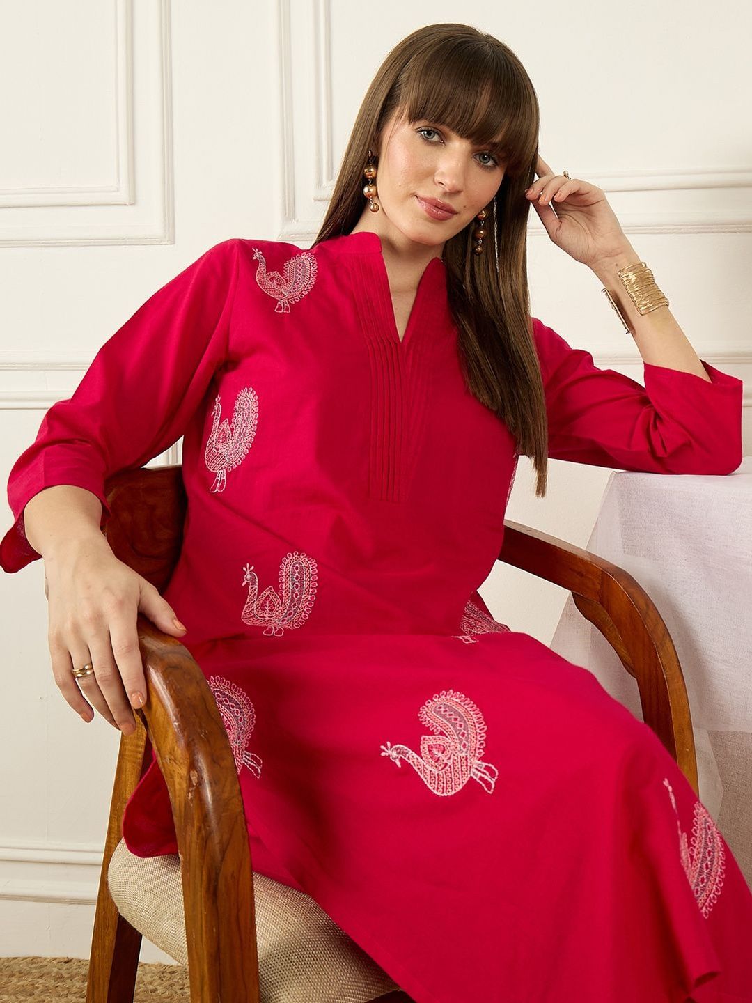 Dhiyona IE Embroidered Mandarin Collar Three-Quarter Sleeves Pure Cotton Tunic And Trousers