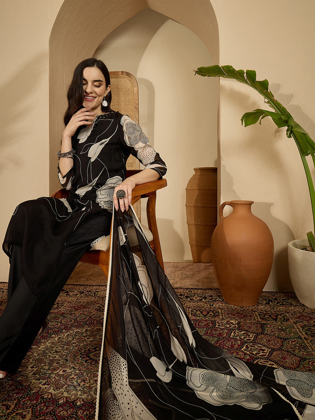 Printed Straight Kurta & Trousers With Dupatta