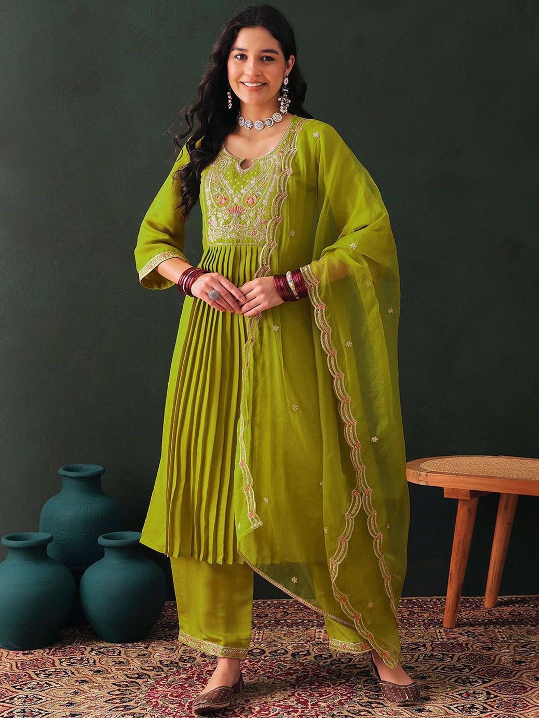 Dhiyona SN Floral Embroidered Pleated Straight Kurta with Trouser & Dupatta