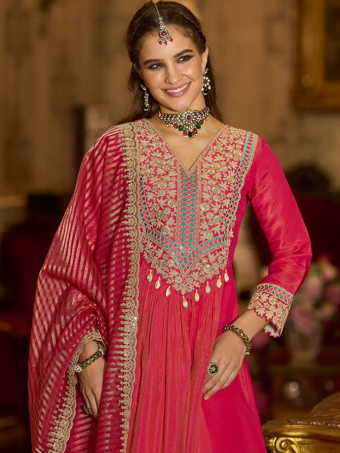Floral Embroidered V-Neck A-Line Kurta With Trousers & Dupatta