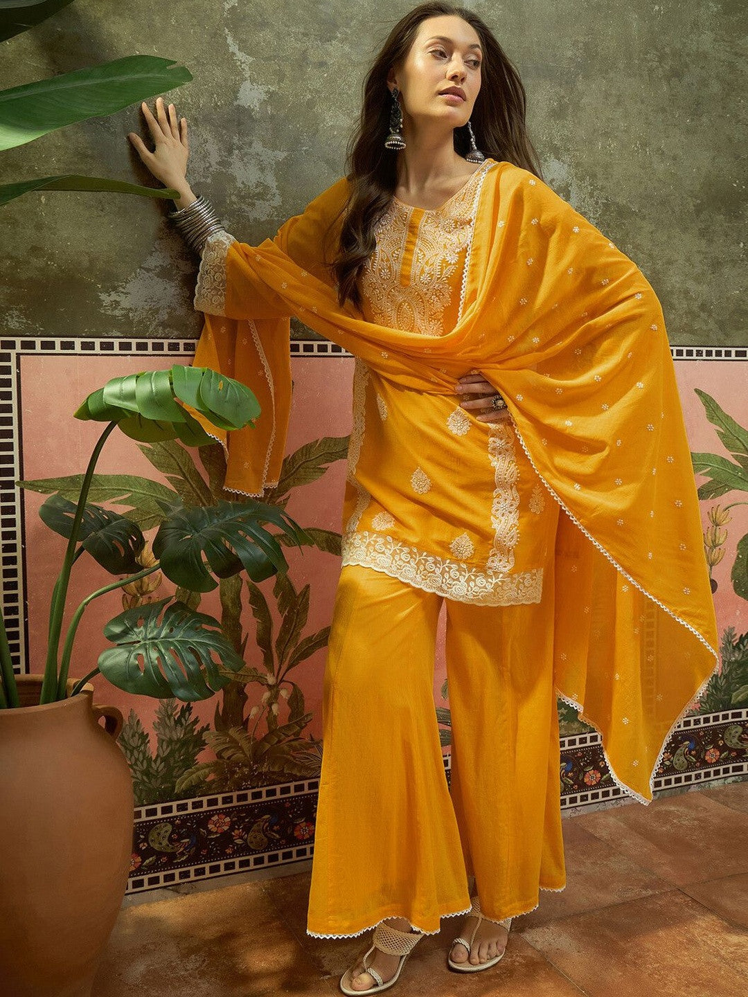 Embroidered Round Neck Kurta & Palazzos With Dupatta