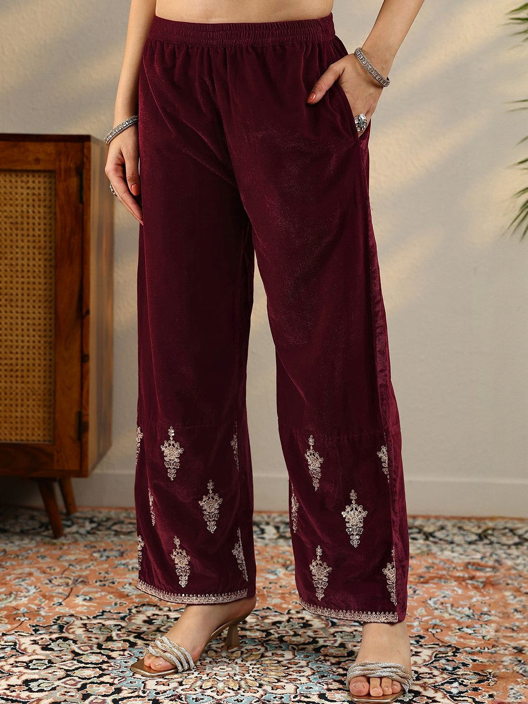 Women Ethnic Motifs Embroidered Regular Velvet Kurta with Trousers & Dupatta