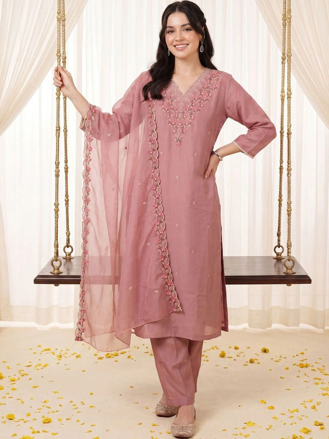 Women Ethnic Motifs Embroidered Regular Thread Work Kurta with Trousers & With Dupatta