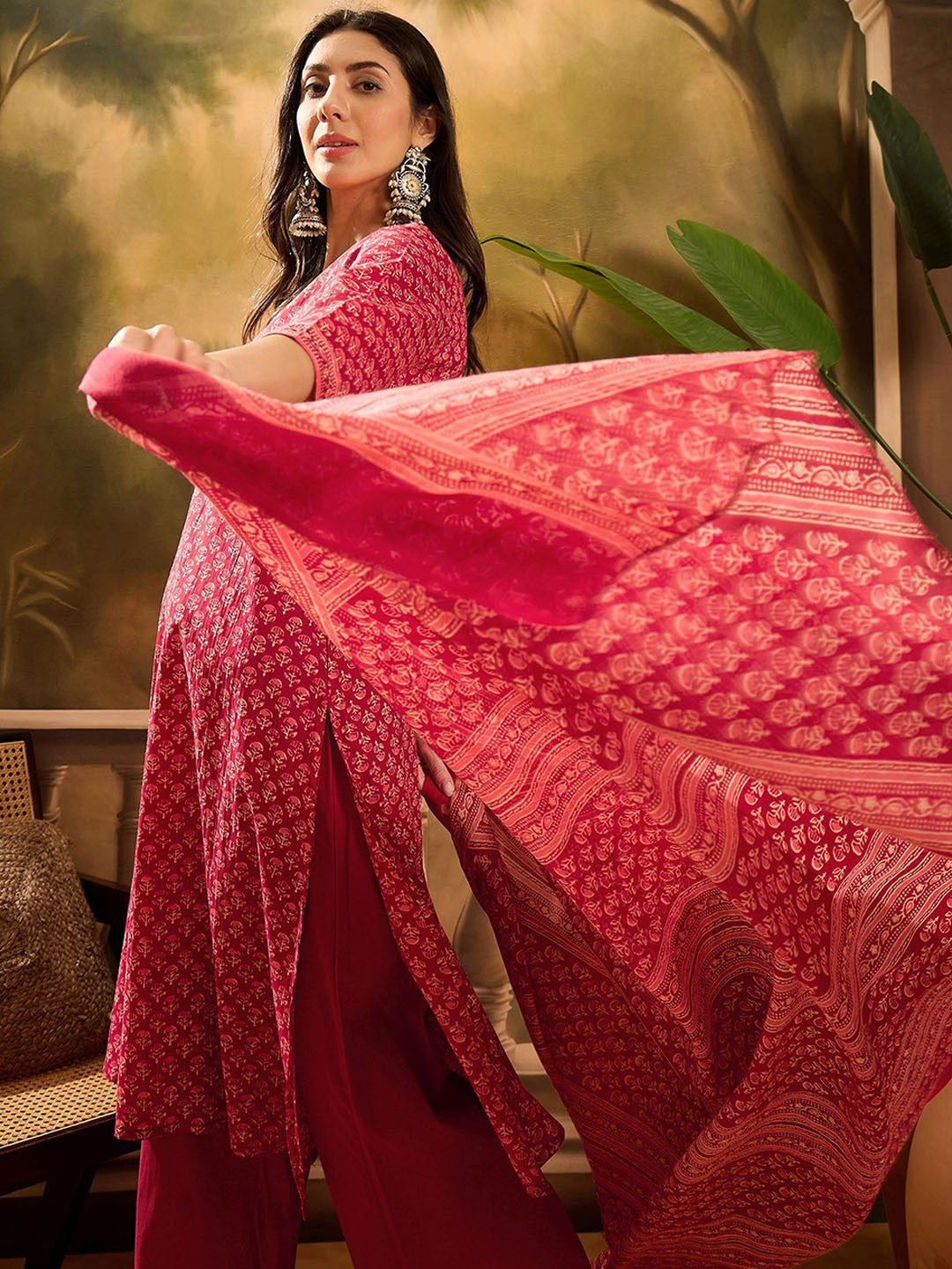 Floral Printed Pure Cotton Straight Kurta With Palazzos & Dupatta Set