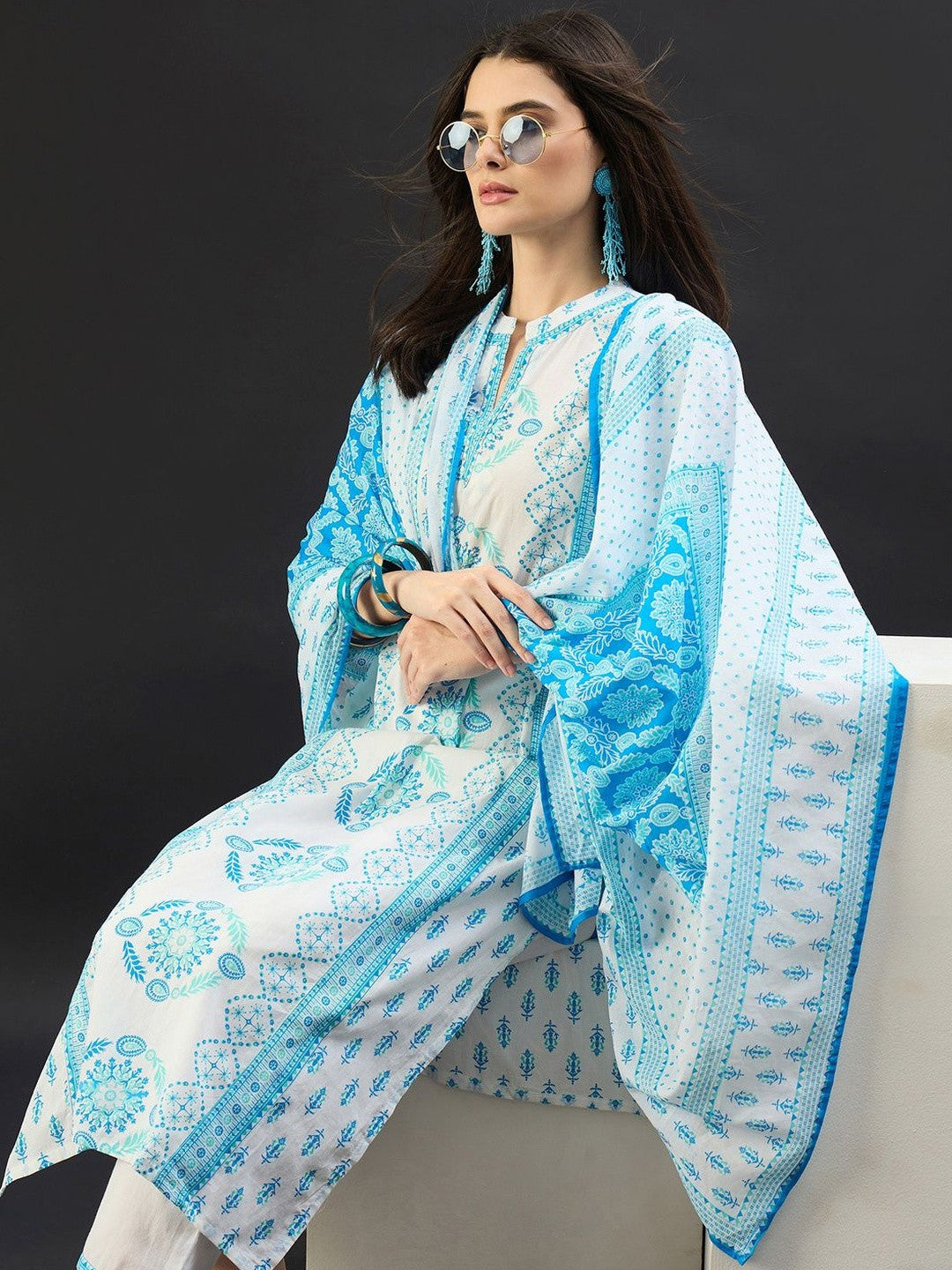 Women Ethnic Motifs Printed Regular Pure Cotton Kurta with Trousers & With Dupatta